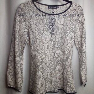 Allegra K Blouse S Long Sleeve Sheer Lace Floral White Black